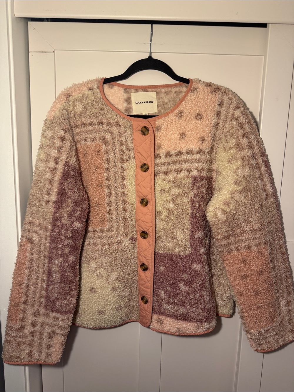 Lucky Brand Patchwork Sherpa Jacket in Pink and Cream